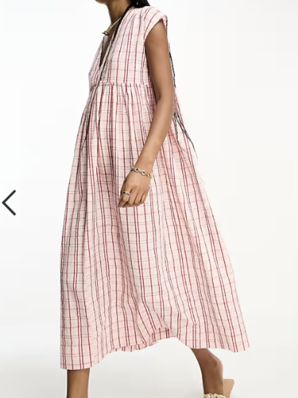 ASOS DESIGN Tall Cotton v-neck midi smock dress in pink check - Picture 3 of 8